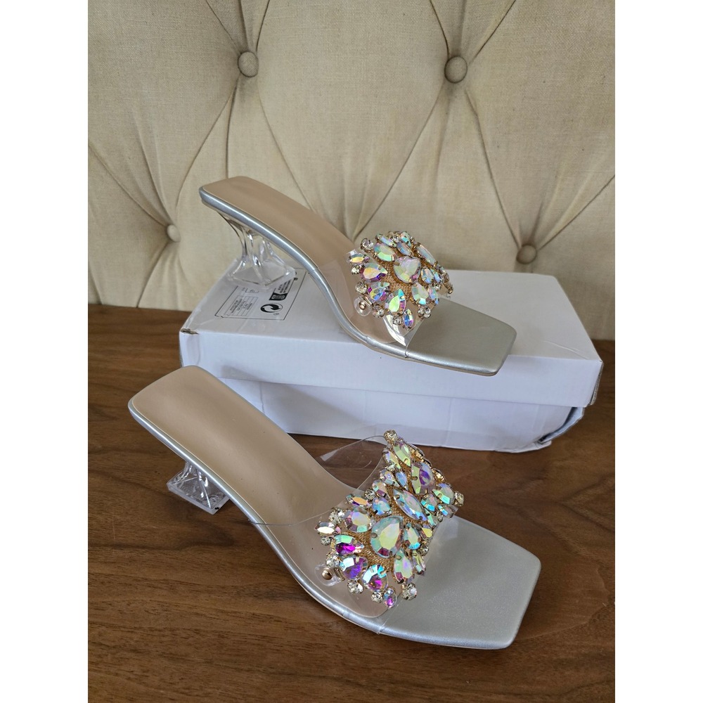 Silver rhinestone clear heel mules size 43